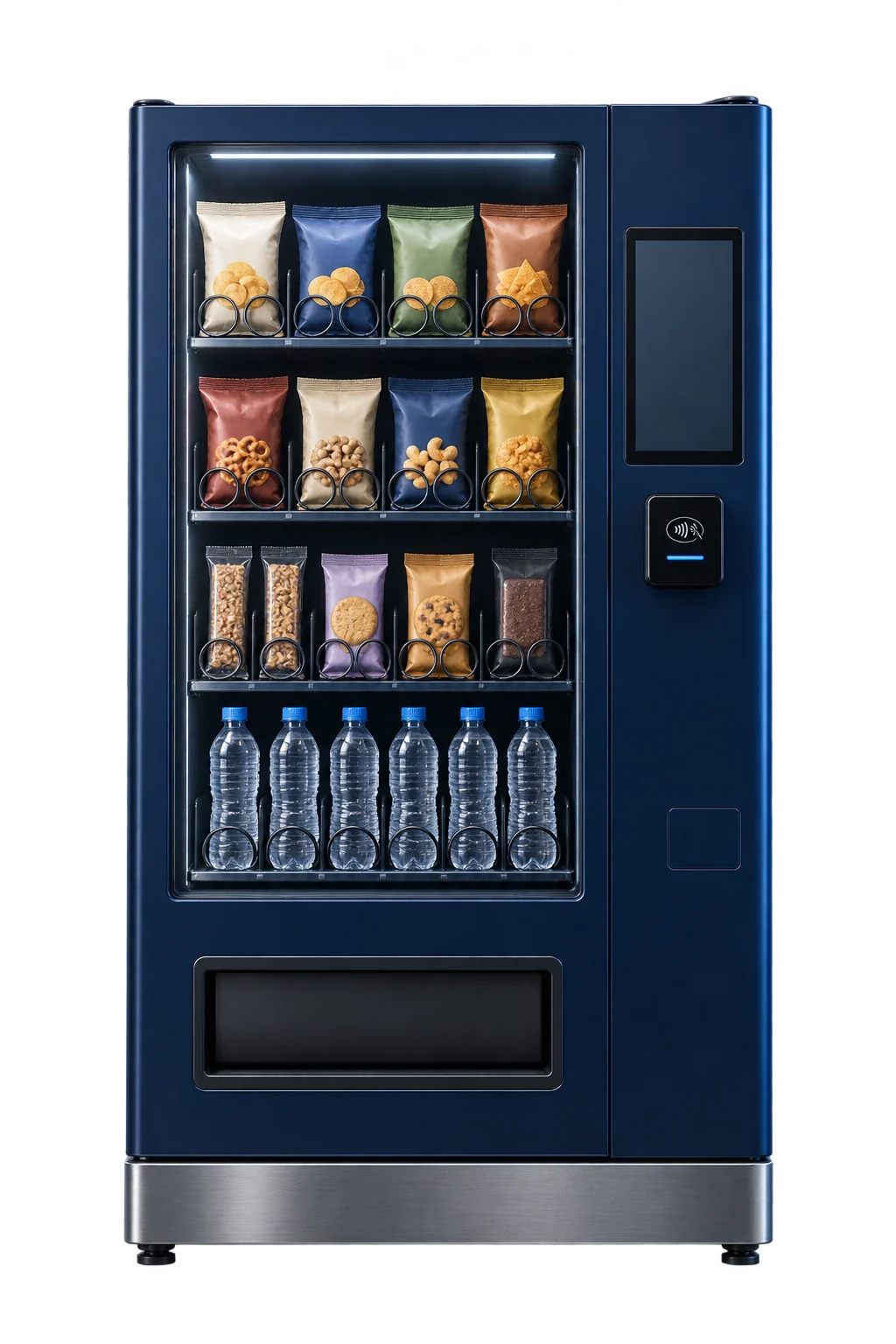 Illustrative front view of a navy vending machine with a glass display and cashless reader